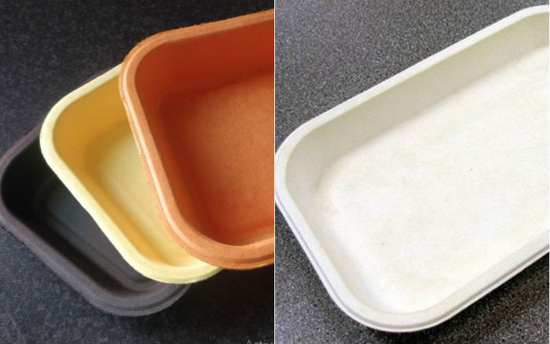 Biopaxium trays are made from pulp fibres such as virgin wood, sugar cane bagasse, bamboo and wheat straw