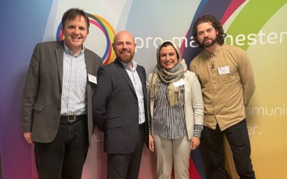 (l-r) Chris Maguire, BusinessCloud;Simon Roberts, of Heatio; Somayeh Taheri, of Urban Chain; Paul Myers, of Farm Urban; at GreenTech Conference