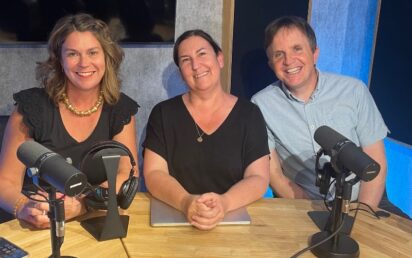 April Hutchinson with podcast co-host Jen Atkinson and Chris Maguire
