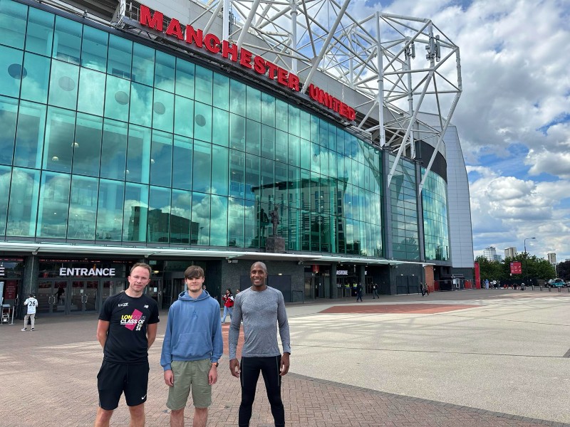 Work experience student George Lees with Jonathan Symcox, left, editor of BusinessCloud, and UA92 director of disruptive learning Aaron Saxton, right