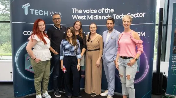 Left to Right: techWM's Naomi Nash, Head of Community & Collaboration; Jason Sahota, Board Chair; Anushka Malhotra, Head of Marketing; Katherine Fuller, COO; Emma Jones, Head of Events; Yiannis Maos MBE, Founder & CEO; Kim Leary, previous Board Chair