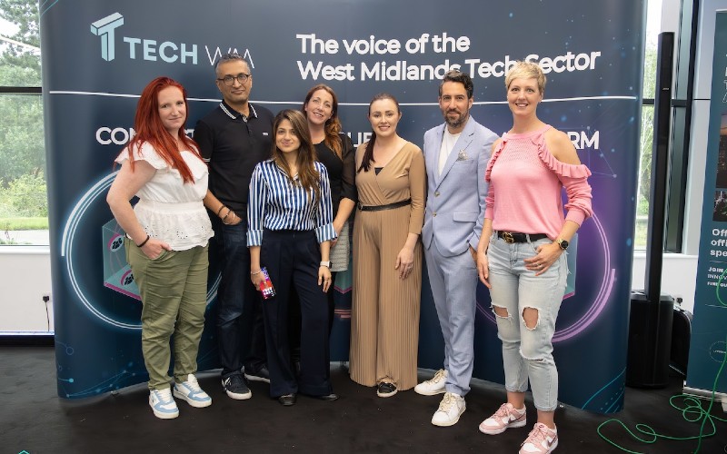 Left to Right: techWM's Naomi Nash, Head of Community & Collaboration; Jason Sahota, Board Chair; Anushka Malhotra, Head of Marketing; Katherine Fuller, COO; Emma Jones, Head of Events; Yiannis Maos MBE, Founder & CEO; Kim Leary, previous Board Chair