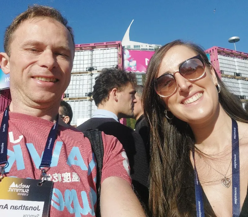 Jonathan Symcox outside Web Summit with Daniella Russo, head of client services at MP&Co