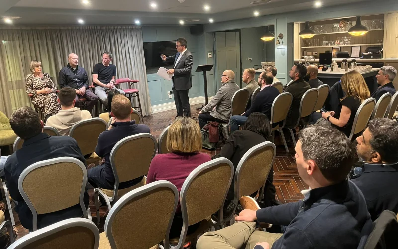 Left to right: Heather Waters, Dr Howard Simms, Jonathan Symcox speak at Web Summit fireside chat