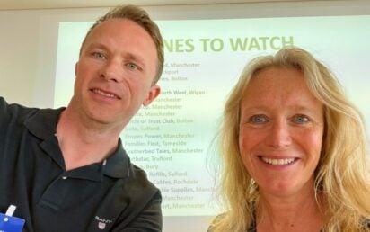 Jonathan Symcox of BusinessCloud with Caroline M England of Featherbed Tales at GM Rising Stars of Business event