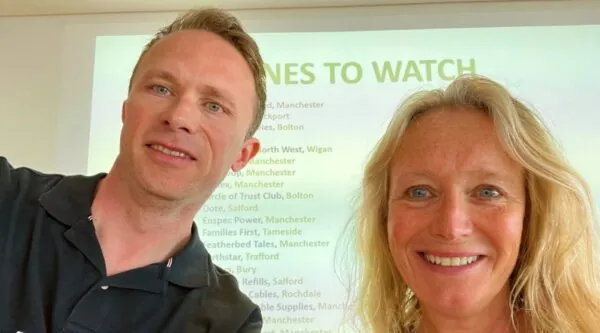 Jonathan Symcox of BusinessCloud with Caroline M England of Featherbed Tales at GM Rising Stars of Business event