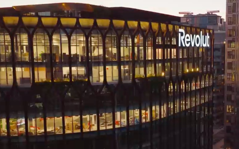 Revolut's logo on outside of YY Building, in London