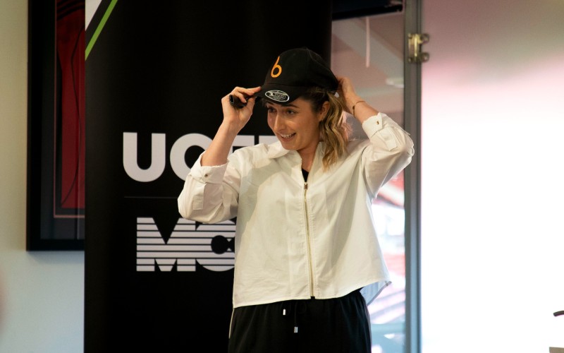 Marie Kelly models her Versatail hat during her presentation at the final’s day at Old Trafford Football Stadium (Credit: UCFB)