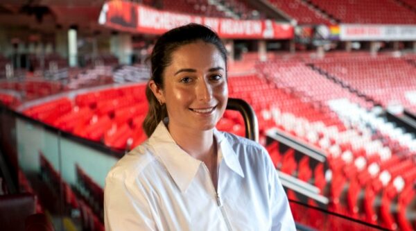 Marie Kelly pictured at Old Trafford Football Ground after winning the University Campus of Football Business Sports Entrepreneur Competition (Credit: UCFB)