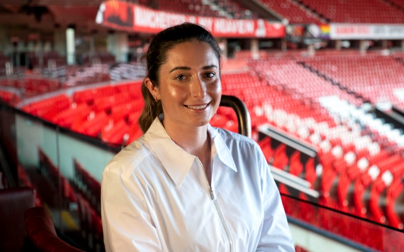 Marie Kelly pictured at Old Trafford Football Ground after winning the University Campus of Football Business Sports Entrepreneur Competition (Credit: UCFB)