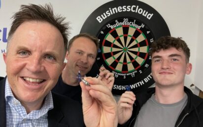 BusinessCloud darts board with Chris Maguire, Jon Symcox and Patrick Killeen