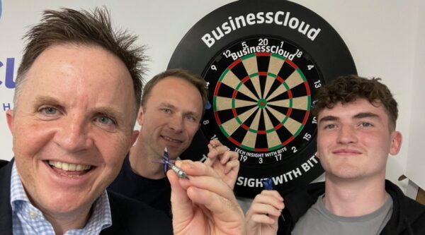 BusinessCloud darts board with Chris Maguire, Jon Symcox and Patrick Killeen