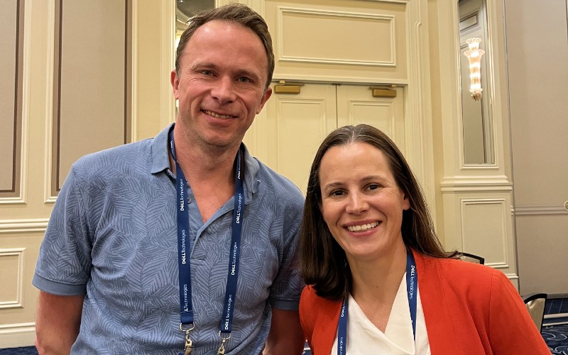 Caitlin Gordon, a vice president of product management at Dell, with Jonathan Symcox of BusinessCloud at Dell Technologies World in Las Vegas