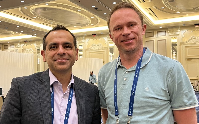 Varun Chhabra, a senior vice president in product marketing at Dell, with Jonathan Symcox of BusinessCloud at Dell Technologies World in Las Vegas