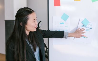 Businesswoman presenting business ideas with graphs on a whiteboard in an office setting