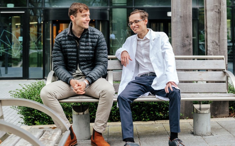 Left to right - Henry Dunne and Ian Bartenev, founders of Microneedle Solutions (MNS), outside Nexus at the University of Leeds