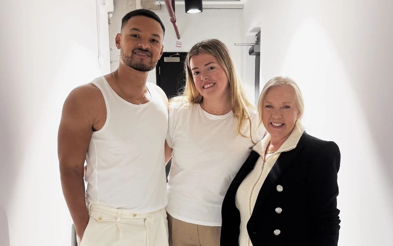 Louise Truman of Plotpackers with Steven Bartlett and Deborah Meaden after Dragons' Den
