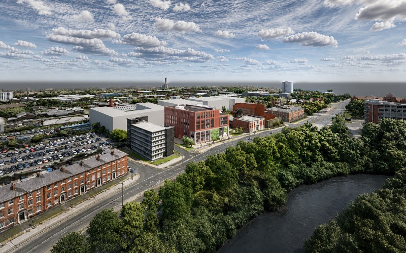 Proposed new University of Salford Business School building from air